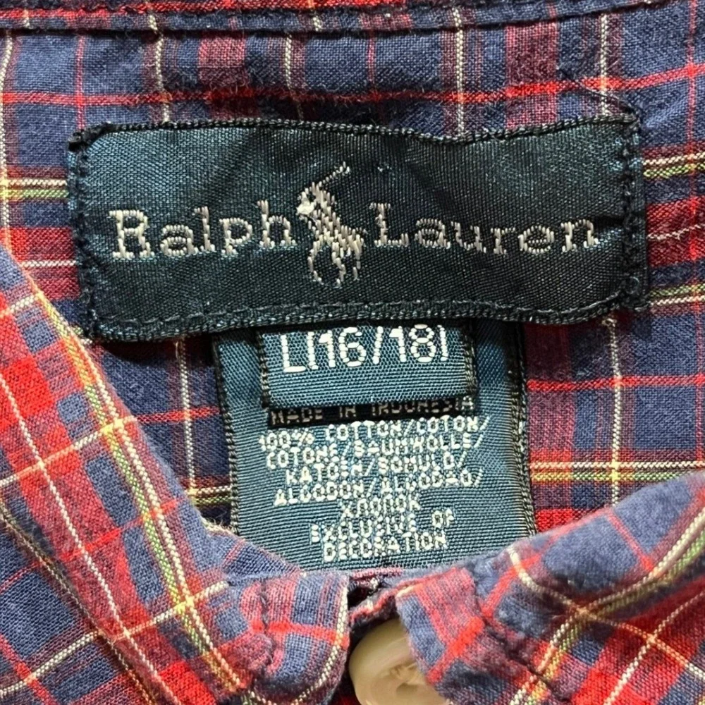 Ralph‎ Lauren Classic Red Blue Check Button Collar Long Sleeve Shirt Youth 16-18